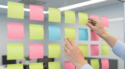 Hands arranging sticky notes on a glass wall in an office brainstorming session