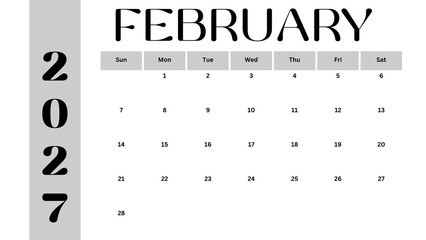 February 2027 calendar, planner over clear background, monthly calendar