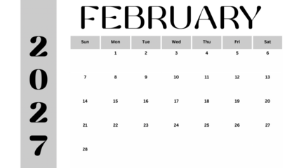 February 2027 calendar, planner over clear background, monthly calendar