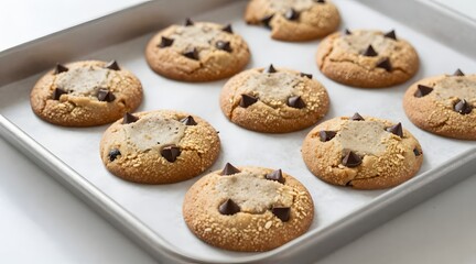 Freshly baked chocolate chip cookies with sesame seeds sit on a metal baking sheet