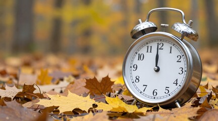 Alarm clock stands at twelve o'clock surrounded by autumn leaves