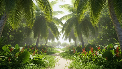 Lush tropical pathway under a canopy of coconut palms in a verdant forest