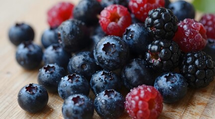 Freshly picked blueberries, raspberries, and blackberries create a vibrant and delicious display