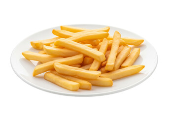 golden french fries on white plate, crispy snack
