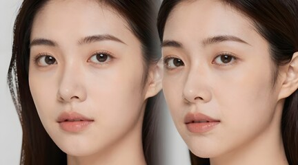 Close up of an Asian woman's face shows clear and bright facial skin