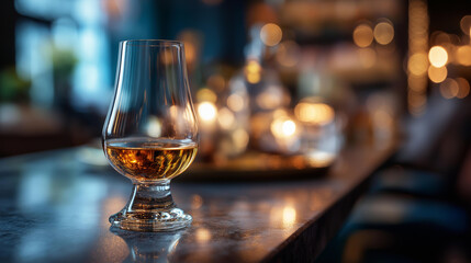 Beverage in glass corn whiskey dark bar counter selective focus celebration drink service moment establishment atmosphere display defocused venue background with copy space