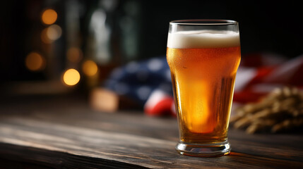 Glass of beer on wooden table flag background celebration independence day festivity patriotic holiday display national event atmosphere defocused decoration background with