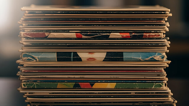 Stacked vintage vinyl records collection showing album covers and signs of age