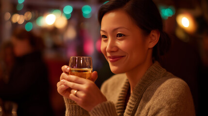 Faceless happy woman hands drinking champagne party celebration moment festive beverage enjoyment social gathering activity joyful event display defocused background with