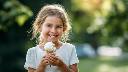 Faceless joyful girl hands smiles brightly savoring ice cream lively summer park party friends midday sun candid portrait defocused outdoor background with copy space