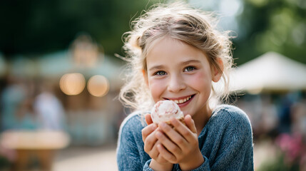 Faceless joyful girl hands smiles brightly savoring ice cream lively summer park party friends midday sun candid portrait defocused outdoor background with copy space