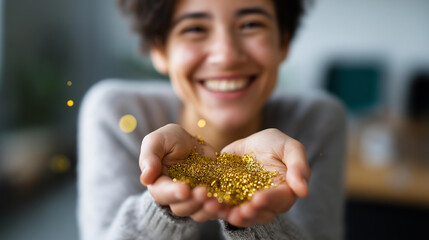 Faceless glad person hands holding gold confetti smiling camera celebration festivity moment joyful event activity party decoration display defocused background with copy