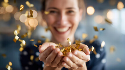 Faceless glad person hands holding gold confetti smiling camera celebration festivity moment joyful event activity party decoration display defocused background with copy