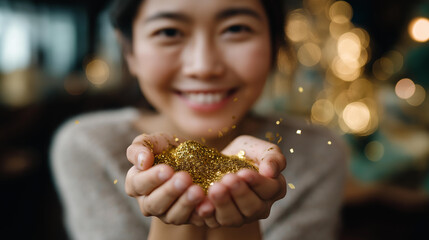 Faceless glad person hands holding gold confetti smiling camera celebration festivity moment joyful event activity party decoration display defocused background with copy