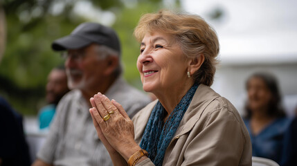 Faceless senior couple hands laughing dancing party with friends social gathering celebration elderly entertainment moment joyful activity display defocused event background
