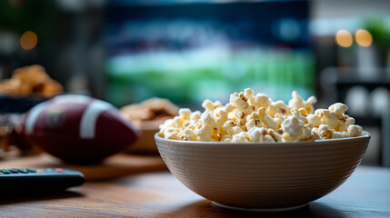 Bowl popcorn remote control table football screen background sports viewing celebration home entertainment moment game watching activity defocused display setting with copy