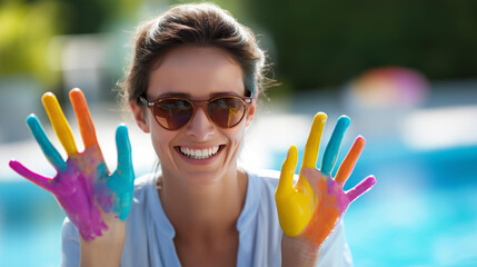 Faceless woman hands at swimming pool colorful party summer time wearing sunglasses seasonal celebration moment poolside gathering activity defocused aquatic background with
