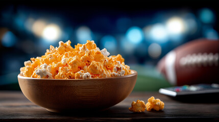 Bowl popcorn remote control table football screen background sports viewing celebration home entertainment moment game watching activity defocused display setting with copy