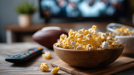 Bowl popcorn remote control table football screen background sports viewing celebration home entertainment moment game watching activity defocused display setting with copy