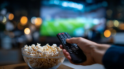 Bowl popcorn remote control table football screen background sports viewing celebration home entertainment moment game watching activity defocused display setting with copy
