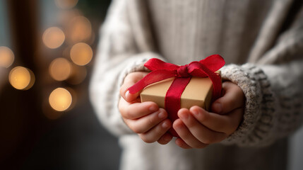 Faceless little child hands holding gift box red ribbon giving gifts holiday event celebration moment festive present exchange defocused party background with copy space