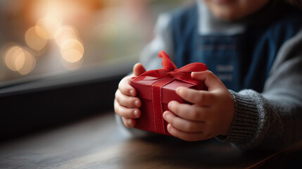 Faceless little child hands holding gift box red ribbon giving gifts holiday event celebration moment festive present exchange defocused party background with copy space