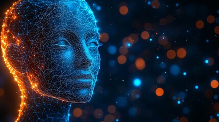 Three Dimensional Human Head Sculpture With Polygonal Shapes and Digital Wireframe Overlay Glowing With Soft Blue Light Modern Background