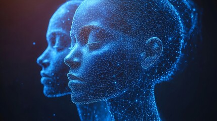 Three Dimensional Human Head Sculpture With Polygonal Shapes and Digital Wireframe Overlay Glowing With Soft Blue Light Modern Background