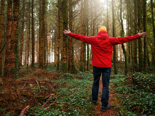 A man in a red jacket is standing in a forest and raising his arms in the air. Concept of freedom and joy, as the man is celebrating or expressing happiness. The forest setting adds a natural