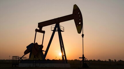 Oil pump jack silhouetted against the vibrant colors of the sunset sky