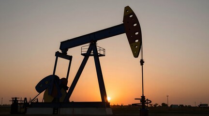 Silhouette of an oil pump jack extracting crude oil during sunset