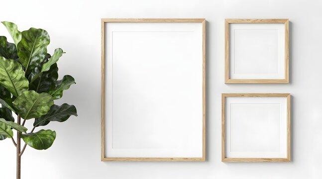 Mockup of three frames with a fiddle leaf fig tree against a white wall
