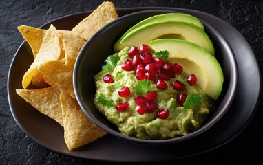 Fresh Mexican guacamole with vibrant pomegranate and sliced avocado, served alongside crispy corn tortilla chips on a dark serving plate, healthy savory appetizer.