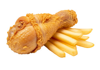 crispy fried chicken drumstick with french fries on white background