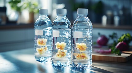 Transparent Cylindrical Water Bottles With Labeled Caps Arranged In a Clean and Organized Kitchen Space With Soft Shadows