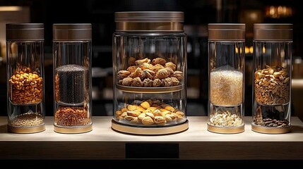 Transparent Cylindrical Containers Set In a Modern Kitchen Display Showcasing Clean Lifestyle and Efficient Organization