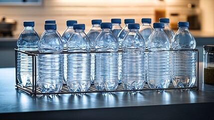 Transparent Plastic Water Bottles Neatly Arranged In a Metal Rack a Kitchen Shelf With Soft Lighting and a Minimalist Background