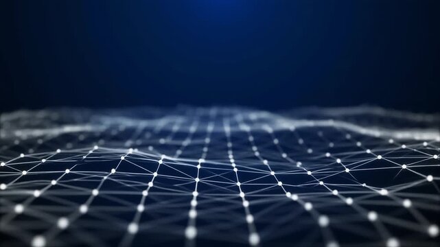 3D wave-like mesh grid with glowing white nodes on dark blue background