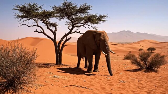 African elephant standing near a tree in the Namib Desert under the hot, sunny, summer sky