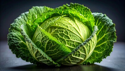 Obraz premium Sculptural Savoy Cabbage with Luminous, Textured Leaves on a Dark Surface