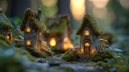 Fototapeta premium 3D miniature fairy-tale forest cottages, magical lighting with soft sun rays, moss and flowers details