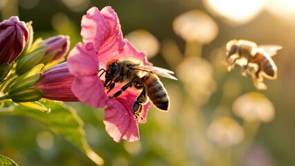 Close up view of a bee pollinating a pink flower in the warm summer sunshine with a shallow depth of field