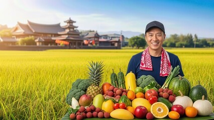 Happy Taiwanese farmer smiles, presenting abundant fresh harvest of vibrant fruits and vegetables in a golden rice paddy field with traditional East Asian architecture.