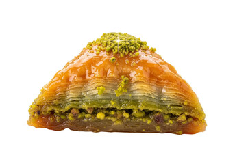 pistachio baklava slice with orange glaze on flaky phyllo