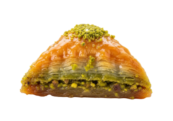 pistachio baklava slice with orange glaze on flaky phyllo