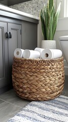 White Wall Background Highlighting Tidy Paper Supply and Cozy Basket Decor In a Neat Contemporary Apartment Bathroom With Modern Sanitary Style