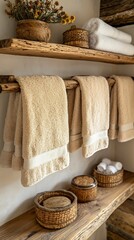 Wooden Bathroom Shelf With Everyday Used Towels Hanging Neatly Alongside Functional Storage Containers In a Minimalist Domestic Room