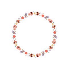 Obraz premium Groovy retro sticker circle border design in colorful funky doodle style pattern. Abstract frame with vibrant y2k pattern as artistic and playful element, perfect for creative trendy uses.