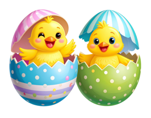 Cute Easter Chick and Decorated Egg Collection with Spring Variations isolated on transparent background