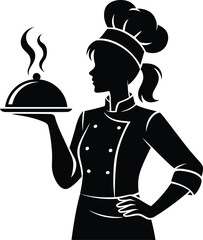 Female Chef Silhouette Holding a Serving Tray with Hot Food Dome Cloche